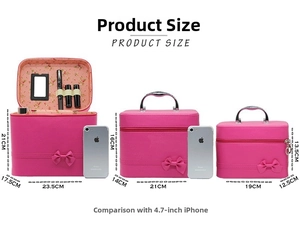 Size comparison chart for pink bow makeup cases in large, medium, and small dimensions