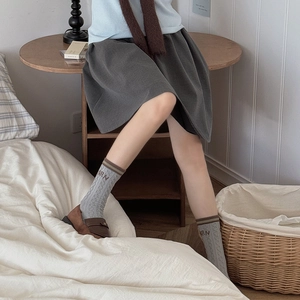 Retro grey cable knit mid-calf socks with brown stripes and ARN letter embroidery