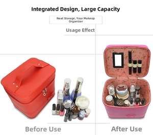 Detailed view of makeup bag with floral lining, built-in mirror and brush holders