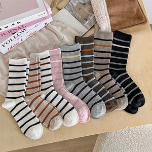 Chaussettes Mi-Mollet Rayées En Coton Pour Femmes Maille Côtelée Rétro Couleur Contrastée Style Preppy Décontracté Respirantes
