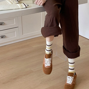 Detail of vintage striped crew socks with white, yellow, and brown knit textures