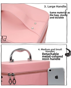 Detail view of durable leather handles and removable resin grips on pink makeup cases