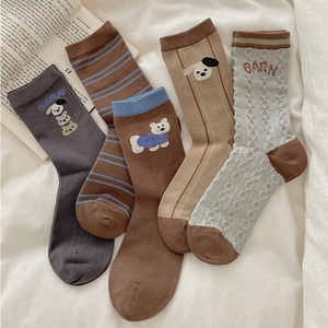 Women Mid Calf Cotton Socks Striped Cartoon Bear Dog Patchwork Preppy Style Warm Casual Autumn Winter Retro Breathable