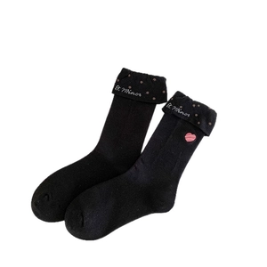Cute Korean style black crew socks with polka dot cuffs and sweet heart embroidery