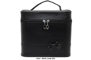 Close-up of large black PU makeup case with bow detail and metallic zipper closure