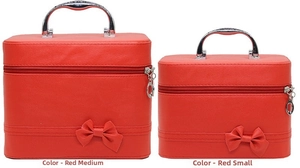 Detailed comparison of red PU leather cosmetic bags with bow and metal handles