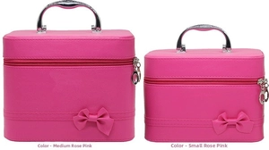 Medium and small rose red PU leather makeup cases with bows and silver zippers