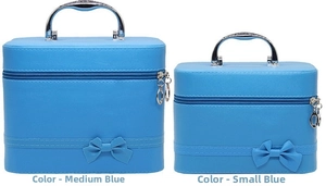 Blue PU leather cosmetic box set with silver metal handles and cute bow decoration