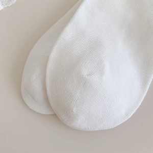 Macro detail of high-quality knitted toe and fine mesh texture on white Lolita socks