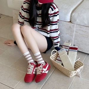 Korean style crew socks for women featuring red stripes and sweet heart patterns