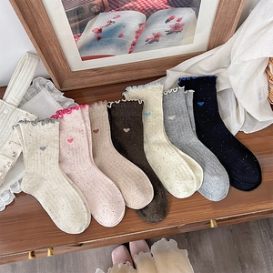 Women Cotton Crew Socks Sweet Japanese Style Heart Embroidery Lettuce Edge Ribbed Confetti Yarn Kawaii Breathable