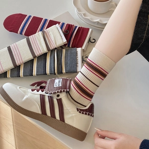 Detailed knit texture and ribbed cuff of vintage red and blue striped crew socks