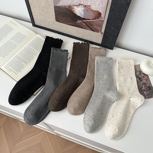 Women Cotton Blend Crew Socks Ruffled Wood Ear Edge Speckled Knit Vintage Japanese Mori Style Sweet Mid Calf Hosiery