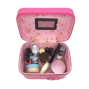 Pink PU leather makeup bag with floral lining, built-in mirror and large capacity storage