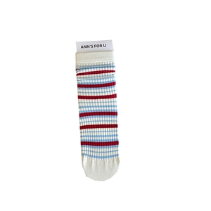 Japanese college style crew socks with red and blue stripes and heart lace detail
