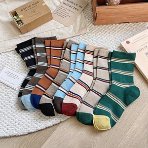 Women Striped Crew Socks Cotton Blend Knitted Breathable Retro Preppy Style Color Block Mid Calf Casual