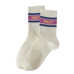 Retro striped mid-calf sports socks in cream white with REST letter embroidery