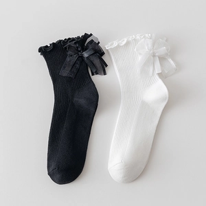 Lolita Mid-Calf Socks With Mesh Bow Ruffle Trim Ribbed Cotton Sweet JK Style For Women Girls