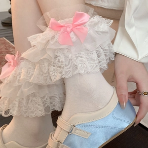 Sweet Lolita white crew socks with layered lace trim and a soft pink satin bow