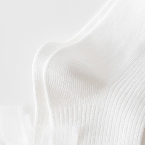 Detailed macro view of white Lolita knit socks with delicate mesh lace trim and rib texture