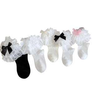 Lolita crew socks with layered lace ruffles and sweet ribbons in multiple colors
