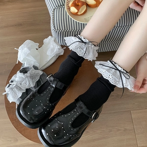 Women Lolita Mid Calf Socks With Lace Trim And Bowknot Sweet Japanese Style Cotton Ruffle Crew Socks
