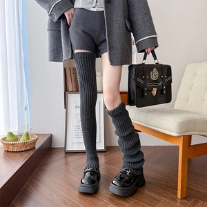 Women Japanese Style Ribbed Knit Leg Warmers Acrylic Solid Color Over Knee Long Slouch Socks Y2K College