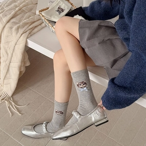 Japanese style grey cotton socks with cute cat embroidery and blue bow detail
