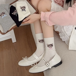 Japanese style cute cat socks with 3D bows and embroidery in cream, black and grey
