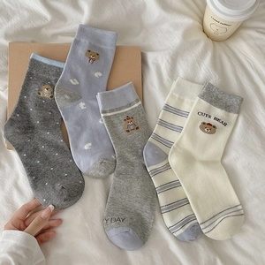 Women Cotton Blend Mid Calf Crew Socks Japanese Kawaii Cute Bear Embroidery Striped Polka Dot Student Leisure Hosiery