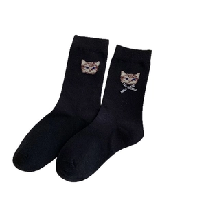 Cute Japanese style black cotton socks with cat embroidery and checkered bow accent