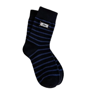 Retro striped crew socks in dark blue with Bee embroidery and ribbed cuffs for women