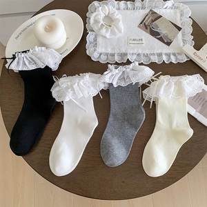 Sweet ballet style mid-calf lace socks with bows in black, white, grey and cream colors