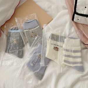 Detailed set of 5 Japanese-style mid-calf striped socks with cute bear embroidery pattern