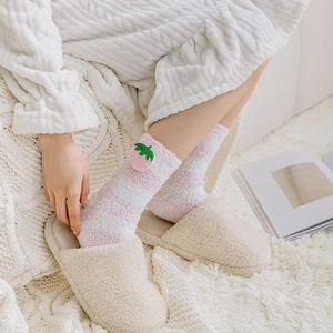Pink and white striped coral fleece warm socks with 3D strawberry decorative attachment