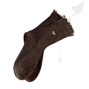 Sweet brown dot knit crew socks with heart embroidery and beige ruffled trim edge