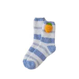 Blue and white striped coral fleece socks with cute plush carrot decor for winter warmth