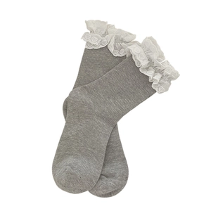 Sweet grey cotton crew socks with white lace heart embroidery trim in ballet style