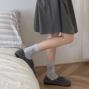 Japanese style striped crew socks with cute bear embroidery and white polka dots
