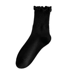 Classic black crew socks for women featuring ruffled cuffs and ribbed cotton texture