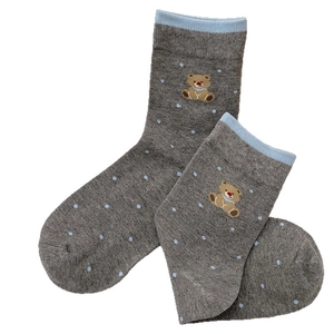 Grey striped crew socks with blue polka dots and cute brown bear embroidery for kids