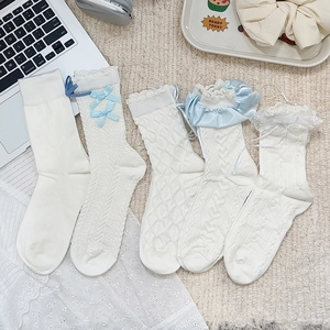 Lolita Mid Calf Socks Cotton Blend Sweet Japanese JK Style Lace Trim Ribbon Bow White For Women