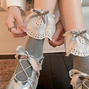 Lolita style white lace ruffle socks with grey bow tie and silver ribbon shoes