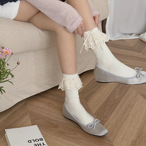 Women Cotton Mid Calf Socks With Lace Trim And Bowknot Ribbed Knit Sweet Lolita Style JK Uniform Socks Ballet Core
