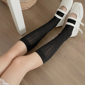 Sheer black knee-high leg warmers with vertical ribs in Korean balletcore style