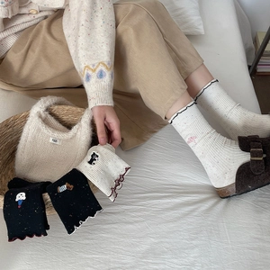 Japanese style dotted knit socks with cute cartoon embroidery and wavy lace trim