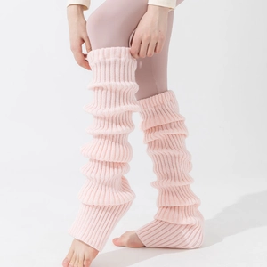 Pink rib-knit stirrup leg warmers for women, long thigh-high thermal yoga socks style