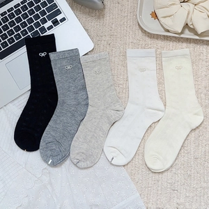 Women Mid Calf Socks Cotton Breathable Hollow Out Mesh With Artificial Pearl Bow Decor Sweet Ballet Style Japanese Fashion