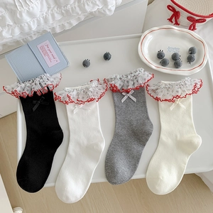 Women Middle Tube Socks Cotton Blend Lace Ruffle Floral Edge Bowknot Sweet Japanese Lolita Style Breathable Hosiery