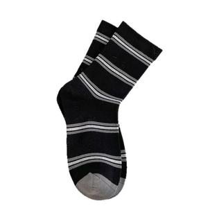 Retro black and gray striped crew socks with contrast toe and heel for women